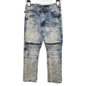 Akademiks Boys Acid Wash Moto Jeans 16 Paint Splatters Zip Pockets